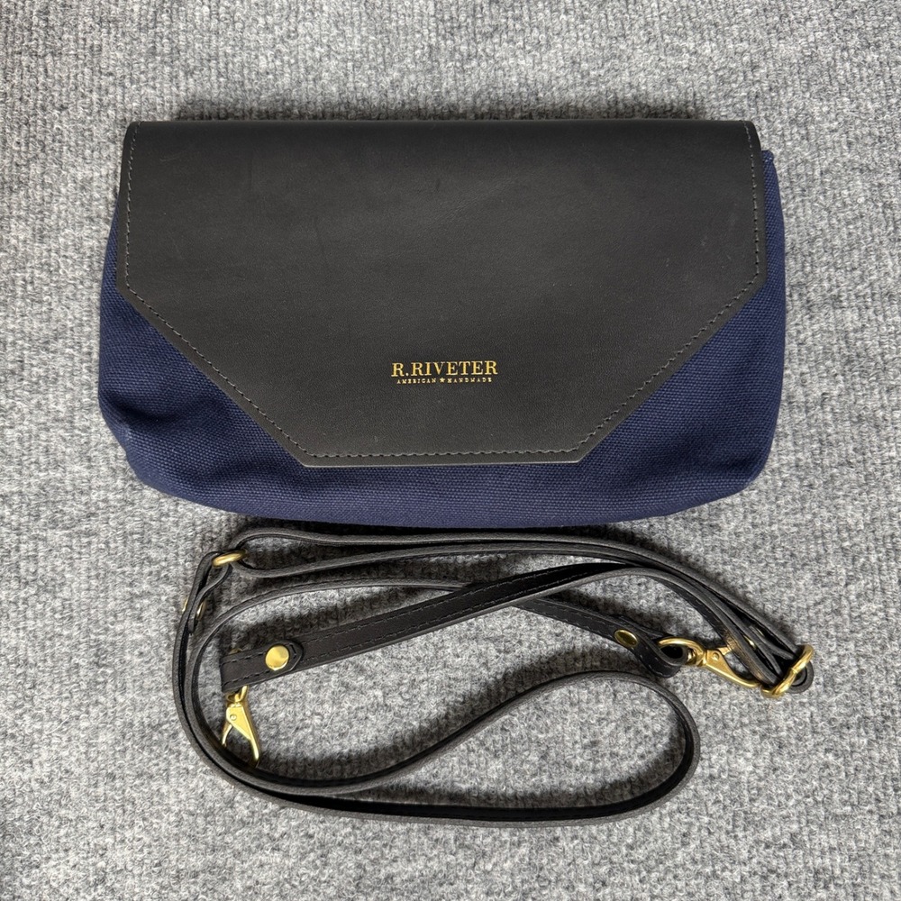 R. Riveter American Handmade Crossbody Bag Black Navy Leather Canvas Pocket